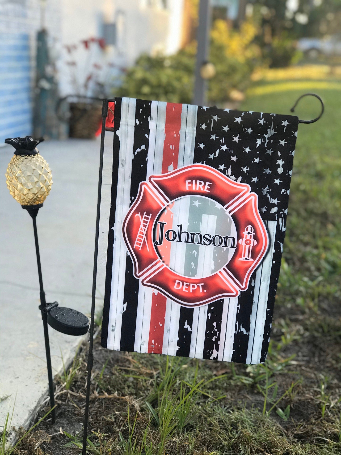Firefighter Yard Flag | Maltese Cross | Family Last Name | Garden Flag