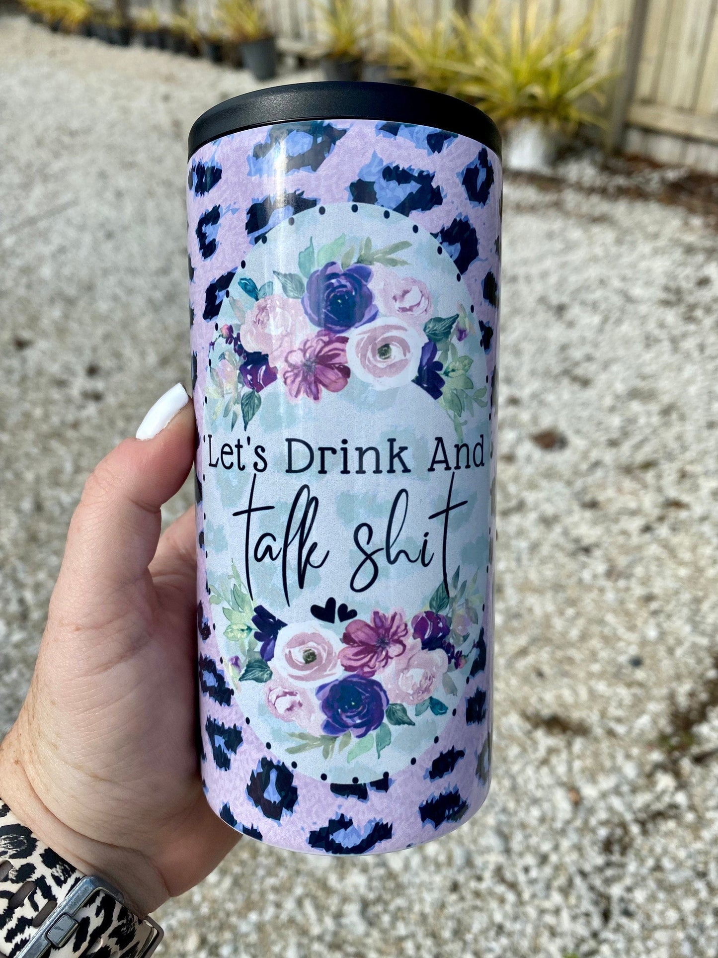 Let’s Drink & Talk Shit | Leopard Print, Purple Floral | 4-in-1 Can Cooler | Beverage Insulator | 12oz can cooler