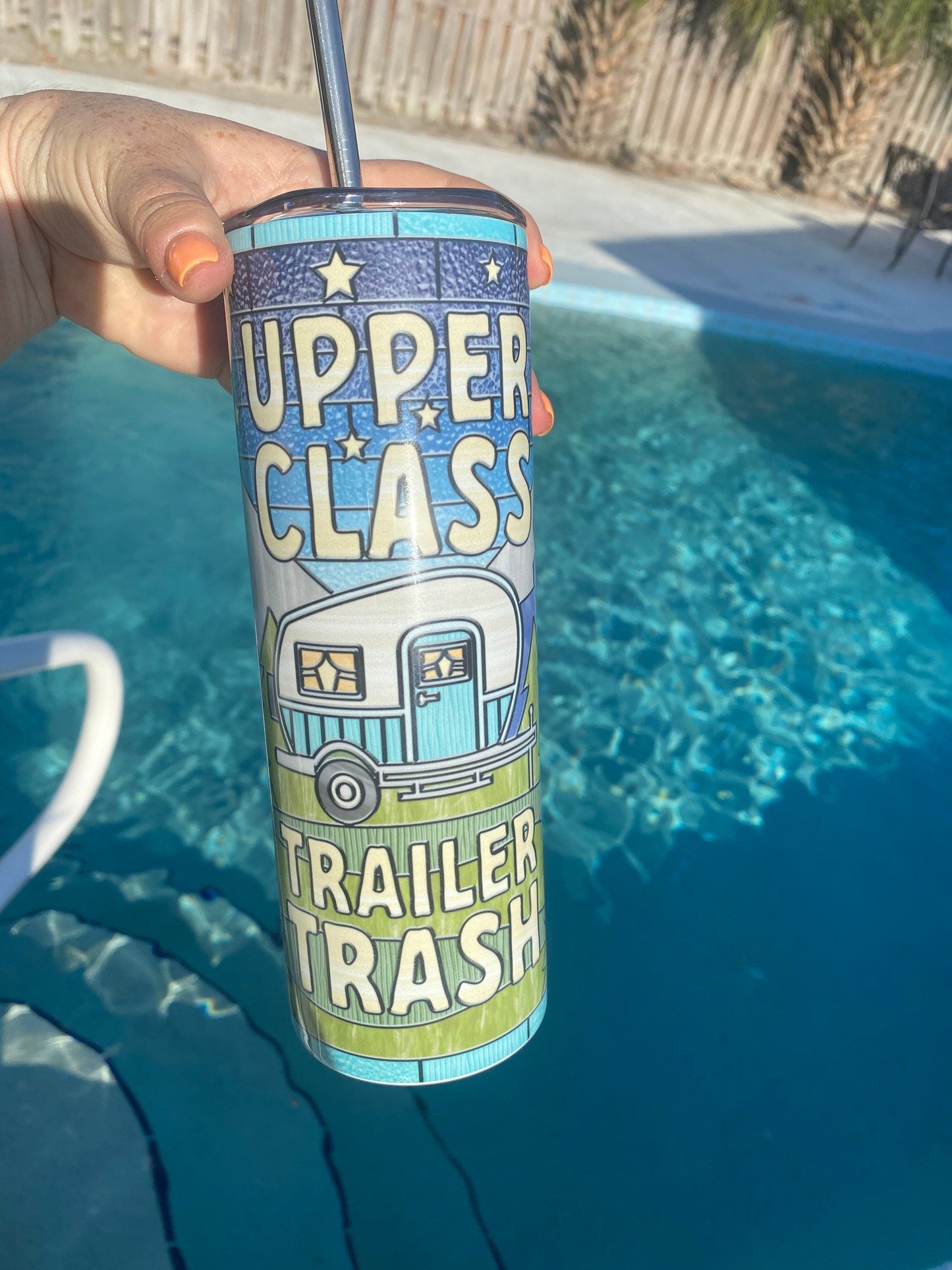 Upper Class Trailer Trash | 20oz skinny tumbler | Camping Tumbler | Faux Stained Glass