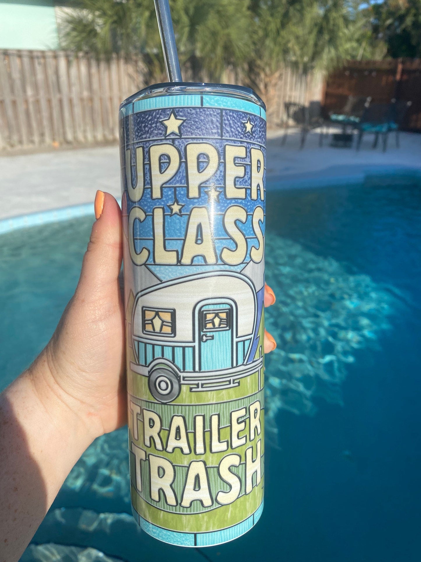 Upper Class Trailer Trash | 20oz skinny tumbler | Camping Tumbler | Faux Stained Glass