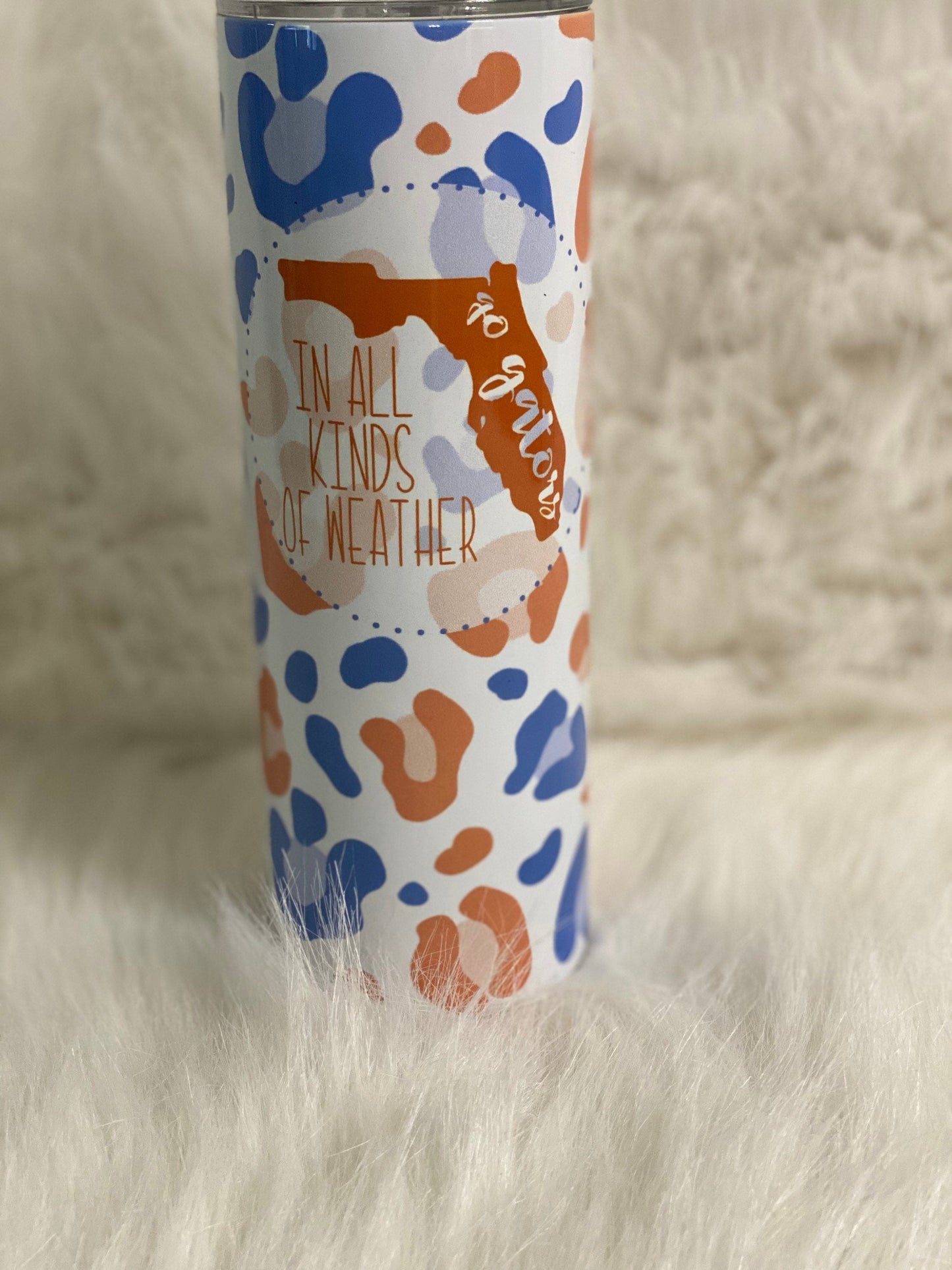 In All Kinds Of Weather | Florida Gator | Orange and Blue Leopard | 20oz skinny tumbler | Drinking tumbler | college football