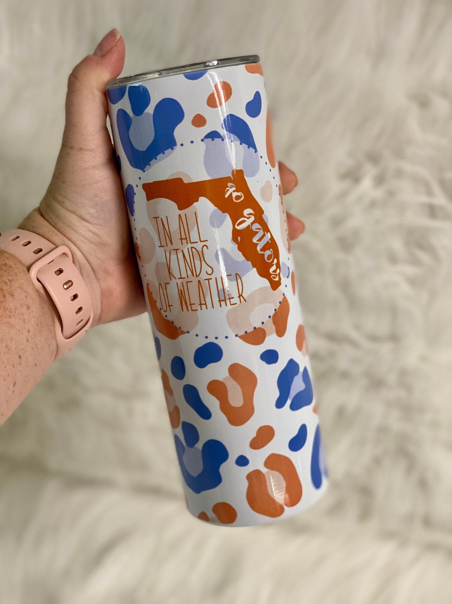 In All Kinds Of Weather | Florida Gator | Orange and Blue Leopard | 20oz skinny tumbler | Drinking tumbler | college football