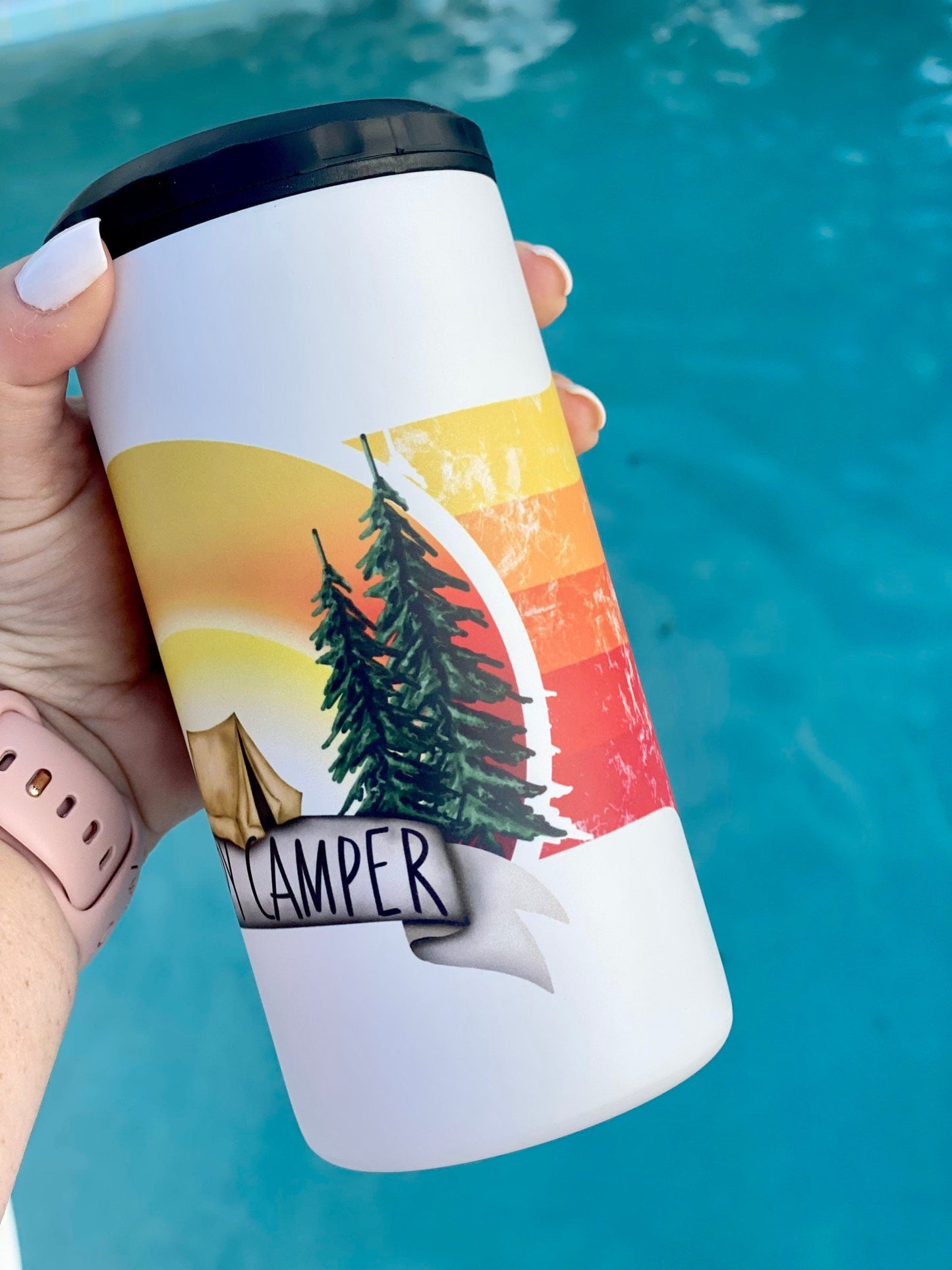 Happy Camper | 4-in-1 Can Cooler | Skinny Can | Camping Drinking Beer Coolie