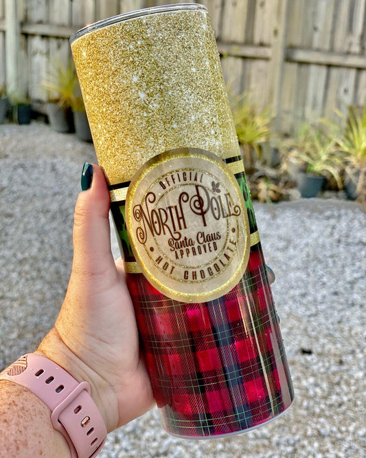 North Pole Hot Chocolate | Buffalo Plaid | Leopard Print | Faux Glitter | Christmas Tumbler | 20oz skinny tumbler