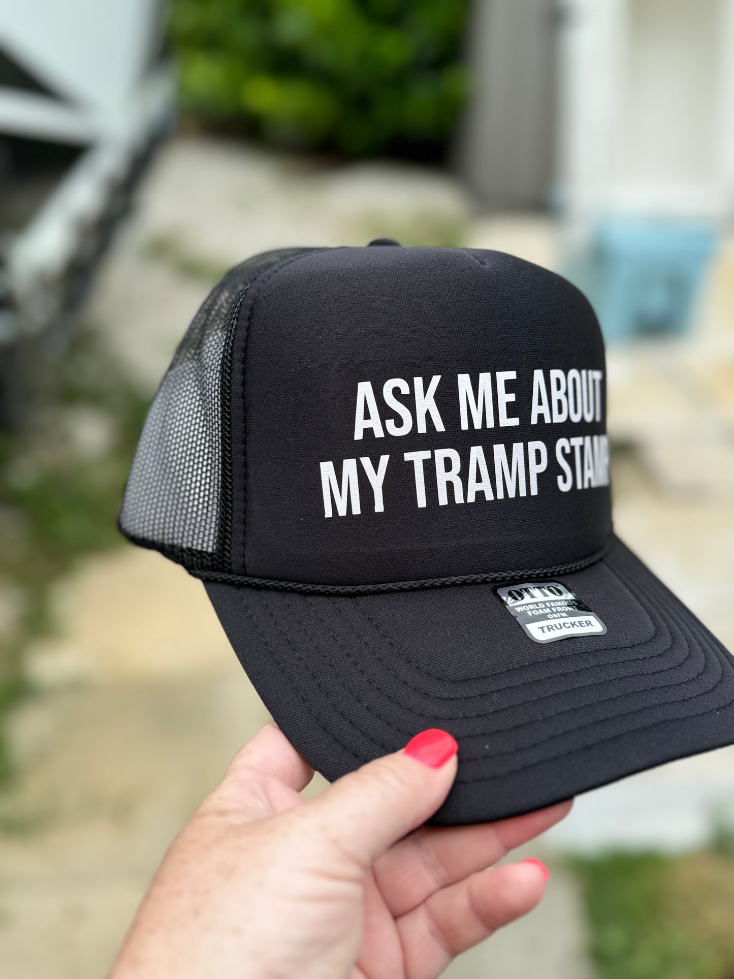 Ask Me About My Tramp Stamp| Trucker Hat | Black Hat | Unisex Hat