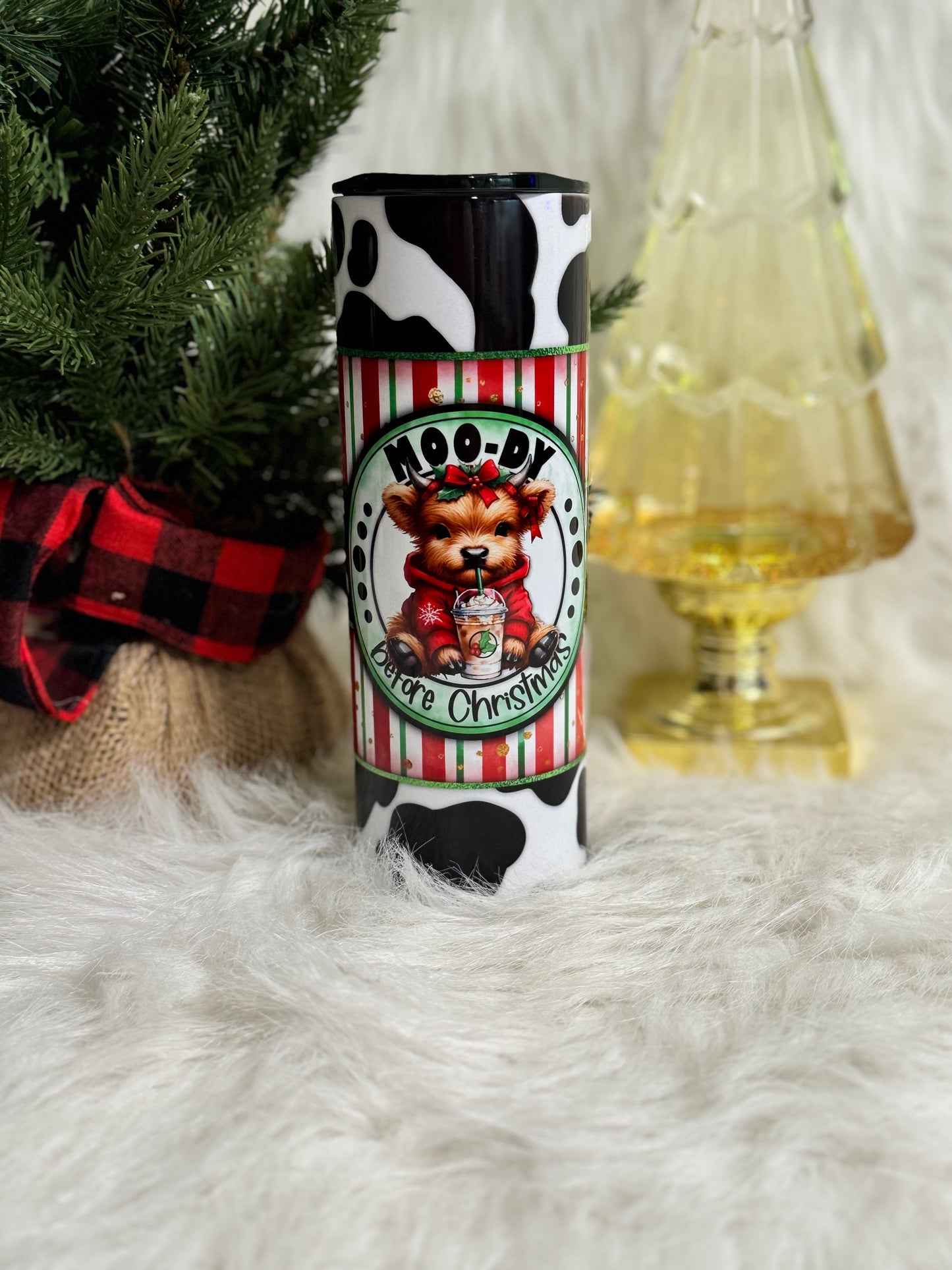 Moo-dy Before Christmas Cow Print | Christmas Tumbler | 20oz skinny tumbler Highland Cow