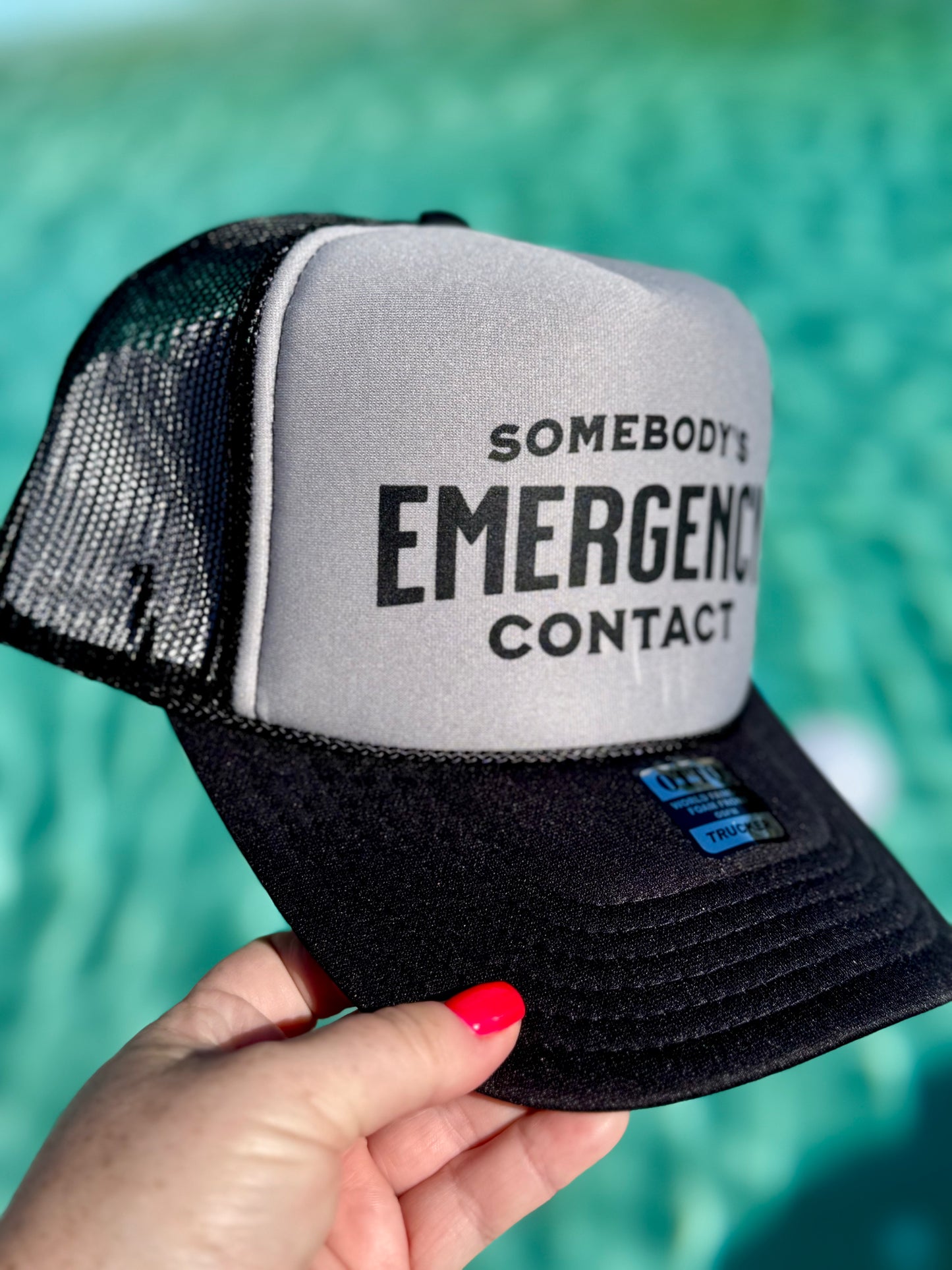 Somebodys Emergency Contact | Trucker Hat | Black Gray 5-panel | Unisex Hat