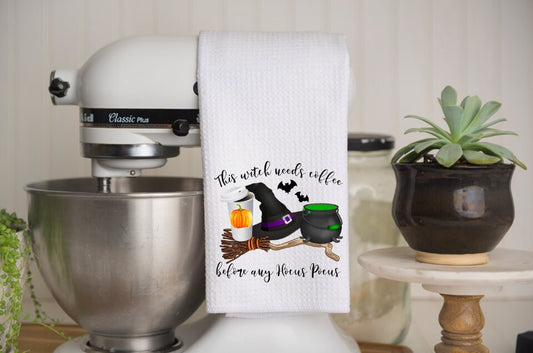 Halloween Kitchen Towel | This Witch Needs Coffee | Dish Towel