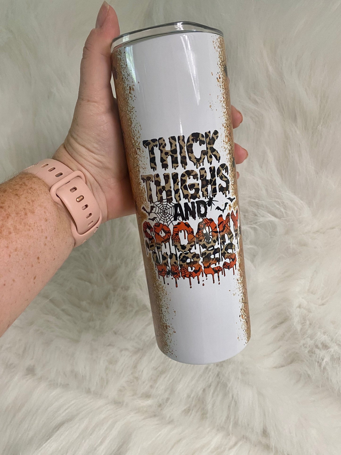 Thick Thighs And Spooky Vibes | Leopard Print | Halloween | 20oz skinny tumbler | Drinking tumbler