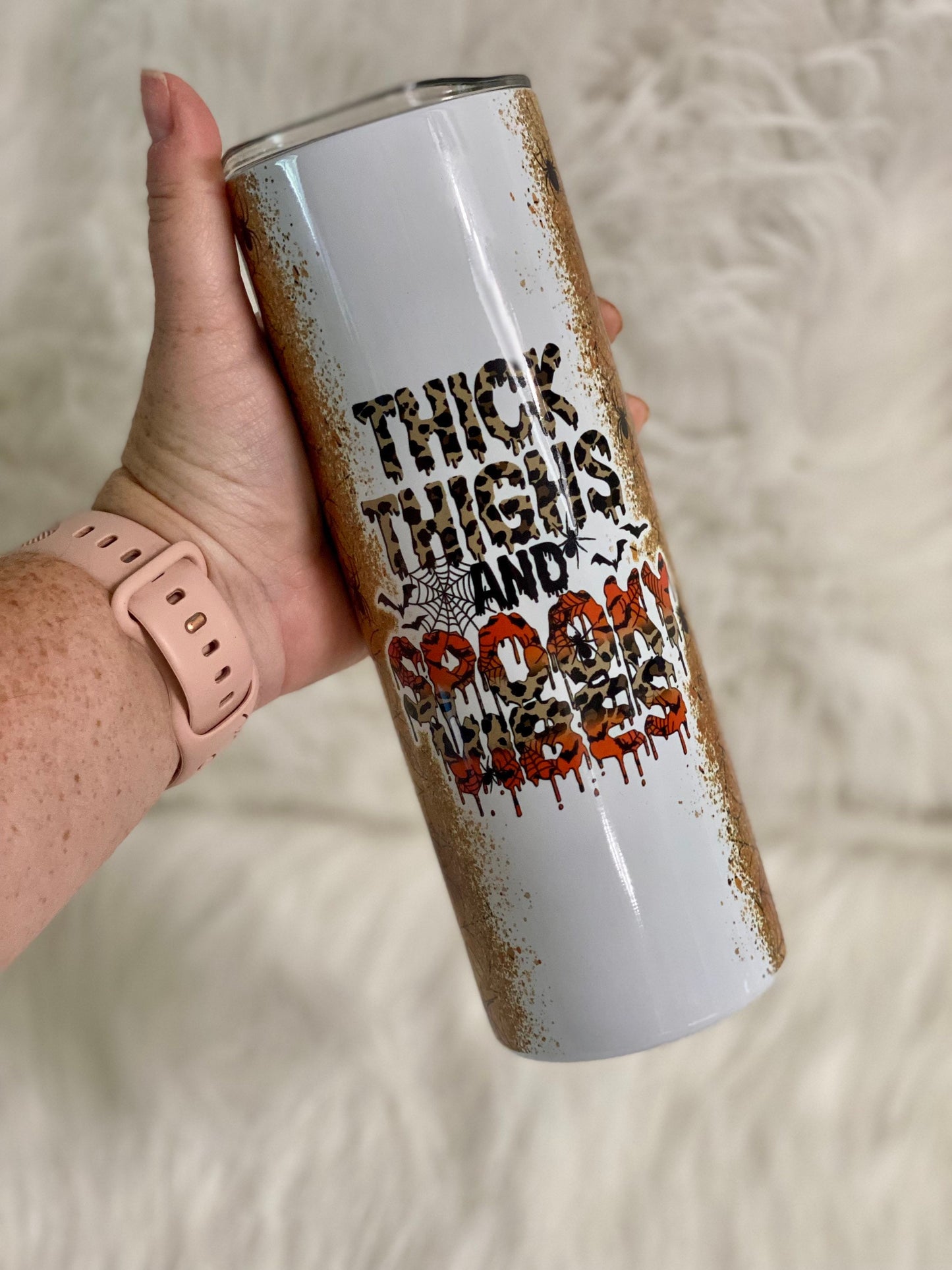 Thick Thighs And Spooky Vibes | Leopard Print | Halloween | 20oz skinny tumbler | Drinking tumbler