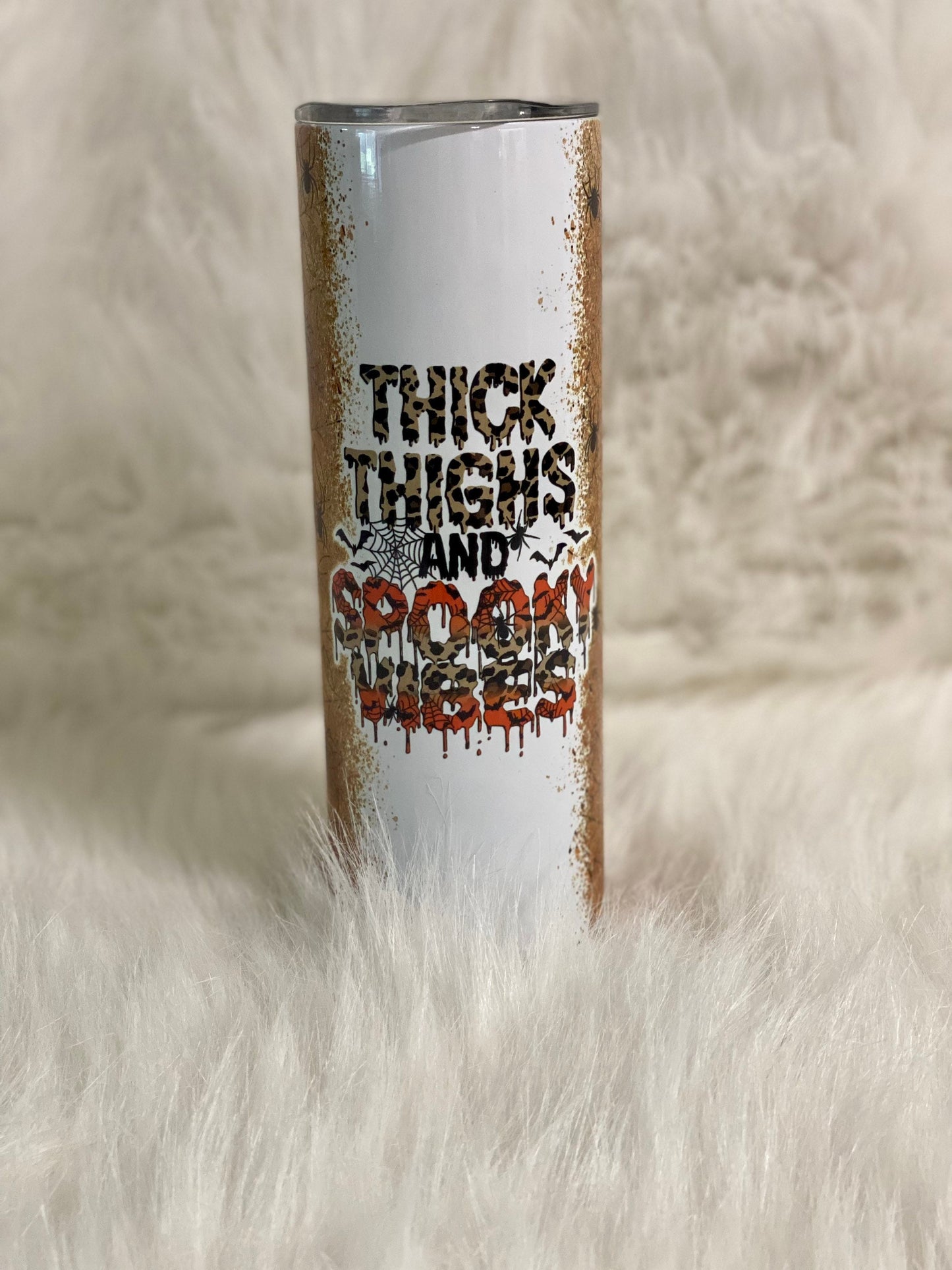 Thick Thighs And Spooky Vibes | Leopard Print | Halloween | 20oz skinny tumbler | Drinking tumbler