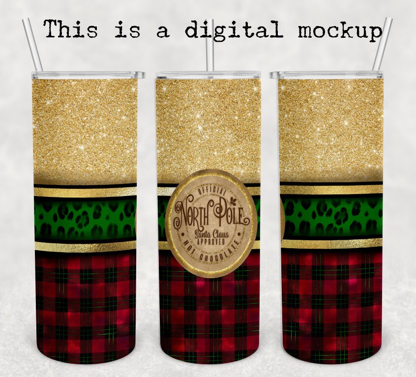 North Pole Hot Chocolate | Buffalo Plaid | Leopard Print | Faux Glitter | Christmas Tumbler | 20oz skinny tumbler