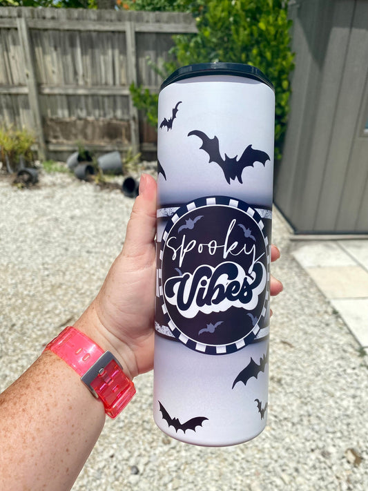 Spooky Vibes | Bats | Black & White | 20oz skinny tumbler | Drinking tumbler