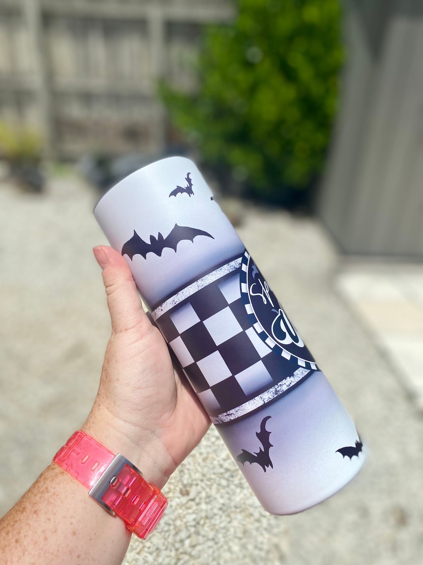 Spooky Vibes | Bats | Black & White | 20oz skinny tumbler | Drinking tumbler