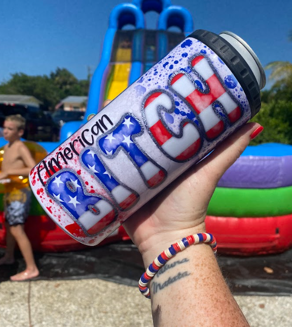 American Bitch | 4-in-1 Can Cooler | Skinny Can | Red, White & Blue Tie Dye | Beer Coolie | Patriotic | America Cup