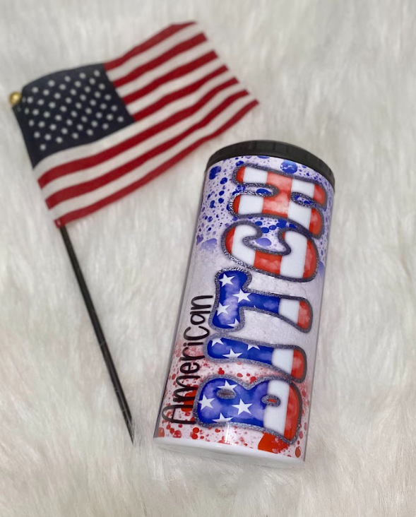 American Bitch | 4-in-1 Can Cooler | Skinny Can | Red, White & Blue Tie Dye | Beer Coolie | Patriotic | America Cup