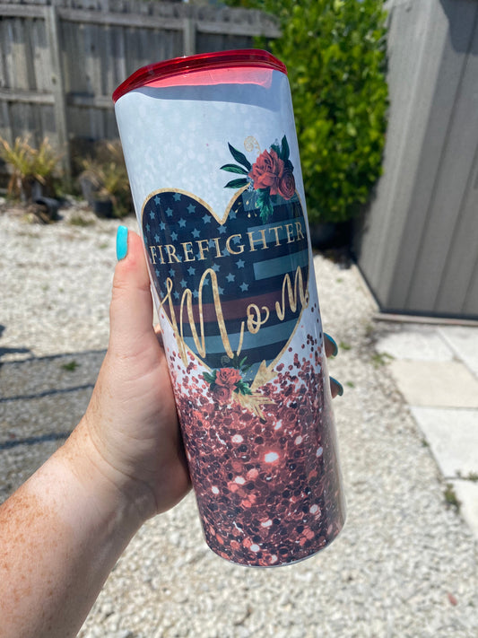 Firefighter Mom | 20oz skinny tumbler | Faux Glitter | Mom Tumbler | Mother's Day Gift