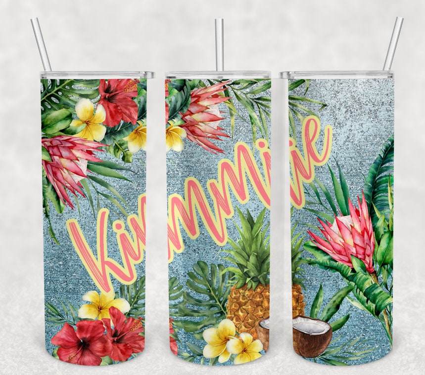 Tropical Tumbler | Hawaiian Flowers & Pineapple, Faux Glitter | 20oz skinny tumbler | Drinking tumbler