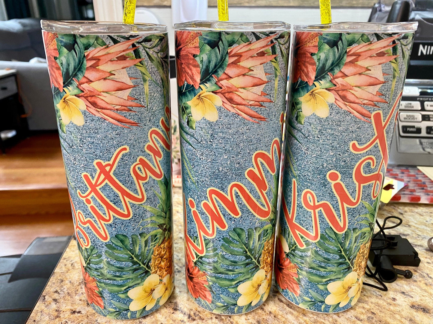 Tropical Tumbler | Hawaiian Flowers & Pineapple, Faux Glitter | 20oz skinny tumbler | Drinking tumbler