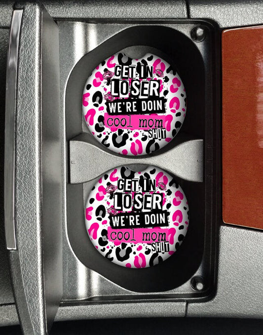 Get In Loser We're Doing Cool Mom Shit | Neoprene Car Coasters | Set of 2 | Mean Girls | Pink & Black Leopard Print