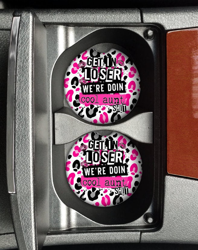 Get In Loser We're Doing Cool Aunt Shit | Neoprene Car Coasters | Set of 2 | Mean Girls | Pink & Black Leopard Print