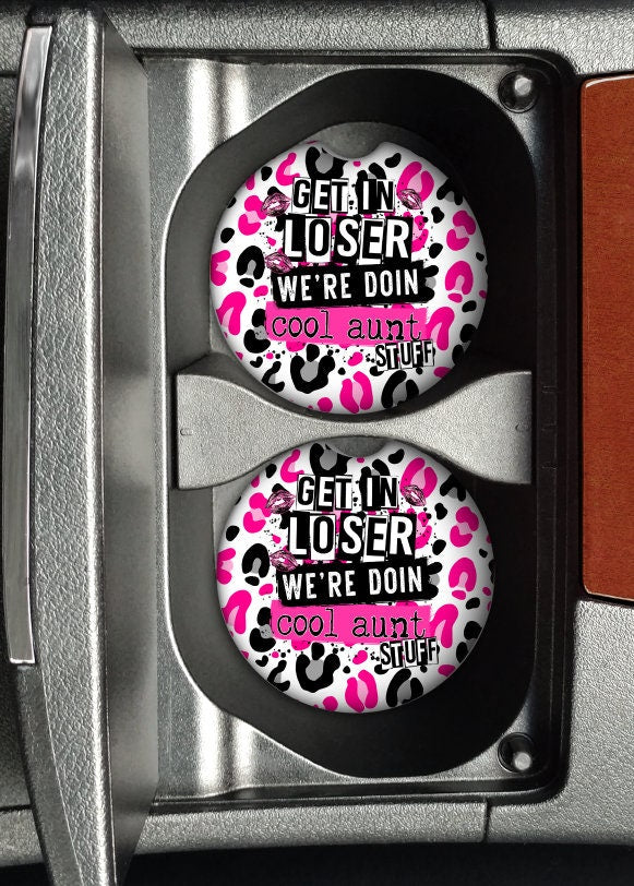 Get In Loser We're Doing Cool Aunt Stuff | Neoprene Car Coasters | Set of 2 | Mean Girls | Pink & Black Leopard Print