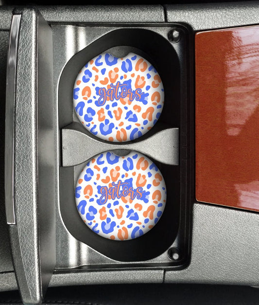 Florida Gators | Neoprene Car Coasters | Set of 2 | University of Florida | Orange & Blue Leopard Print