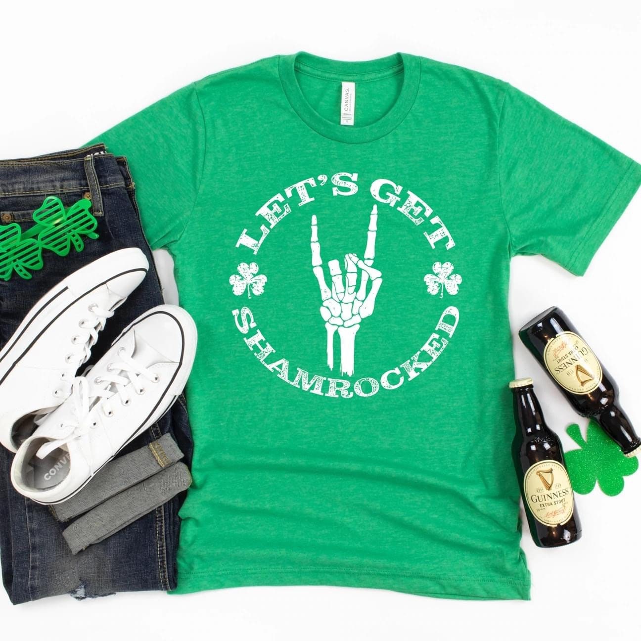 St Patrick's Day | Let’s Get Shamrocked | Skeleton Hand | Unisex Green T-shirt