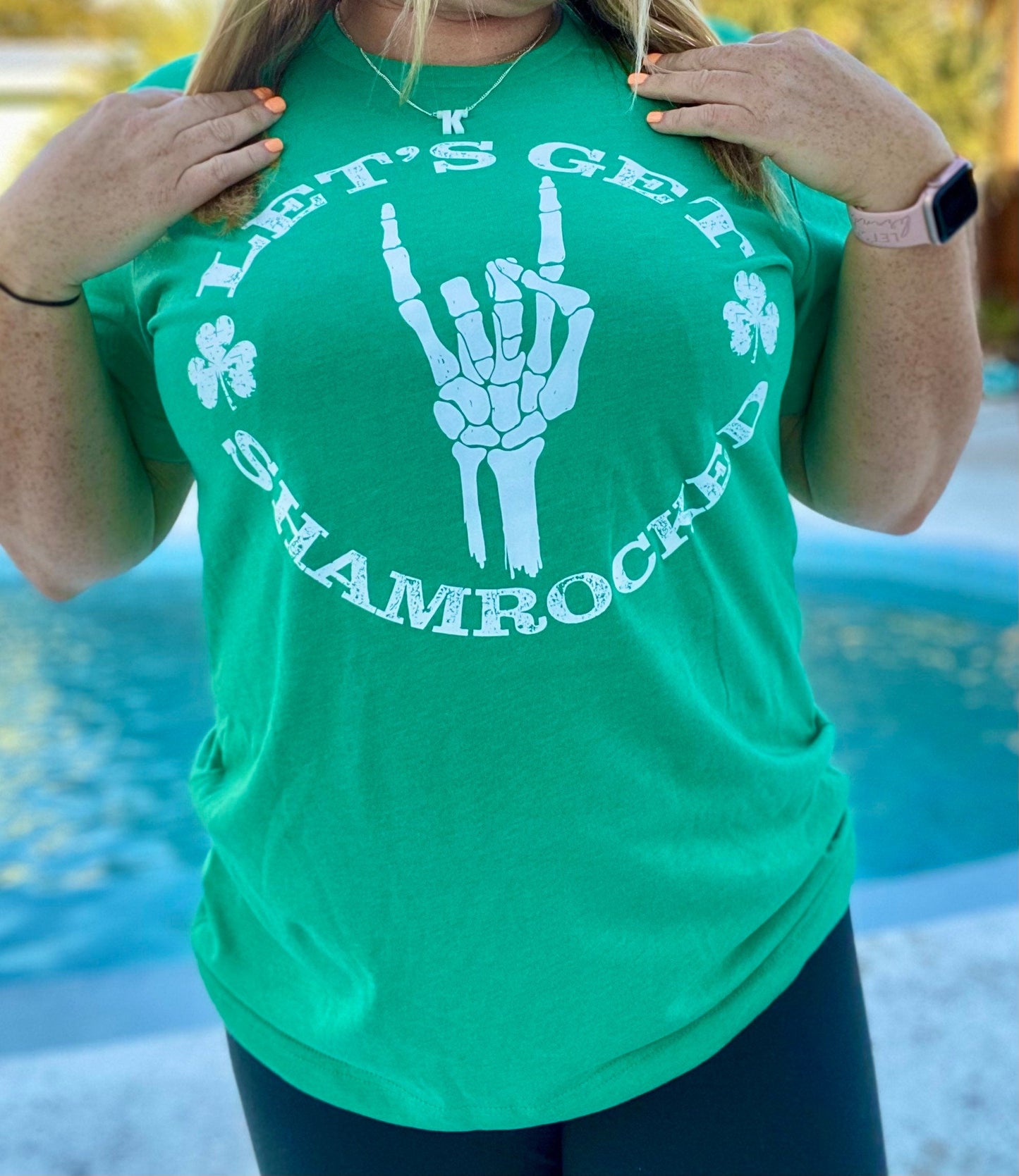 St Patrick's Day | Let’s Get Shamrocked | Skeleton Hand | Unisex Green T-shirt