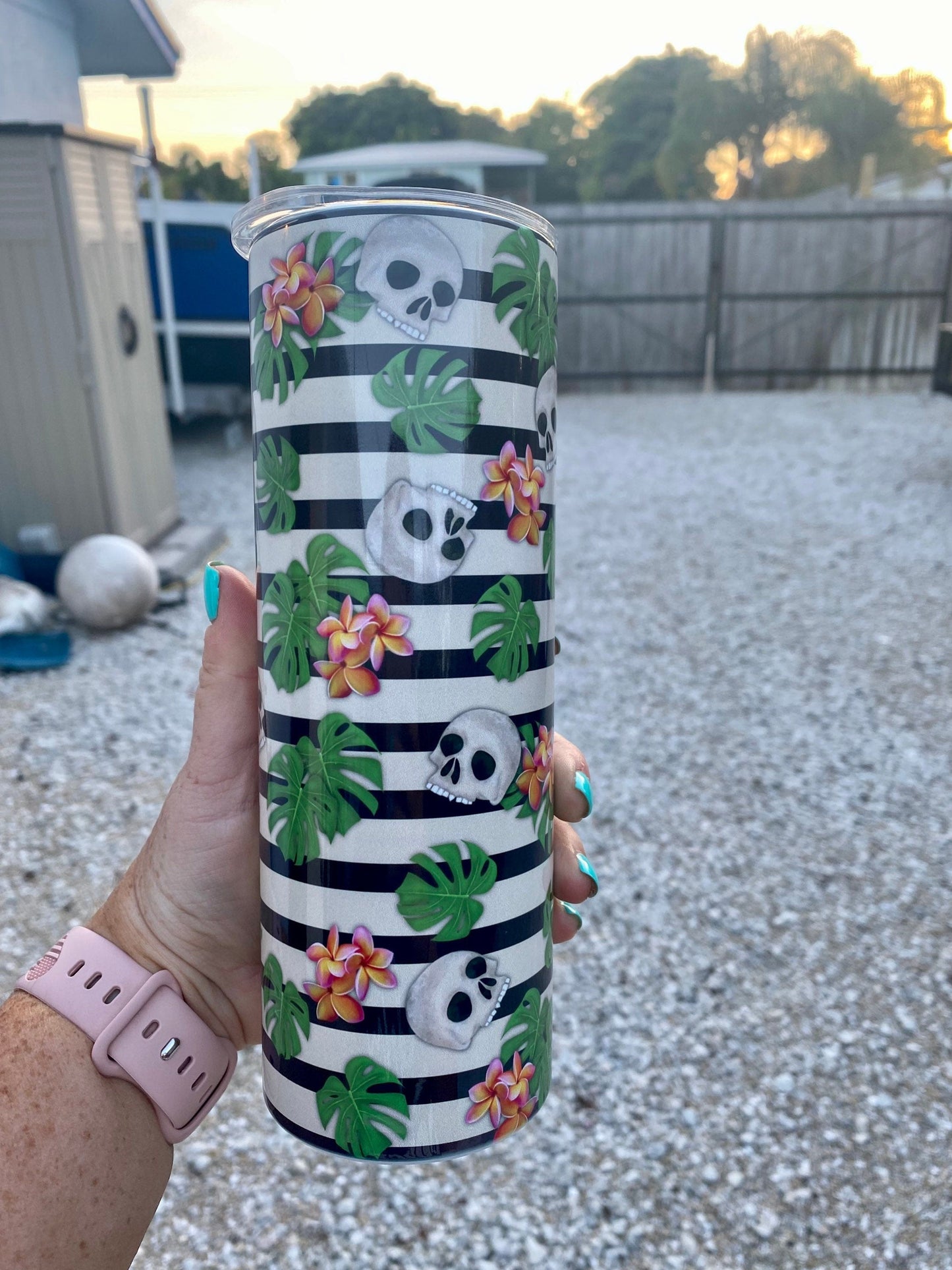 Petty Beach | 20oz skinny tumbler | Faux Glitter | Skulls | Drinking Cup