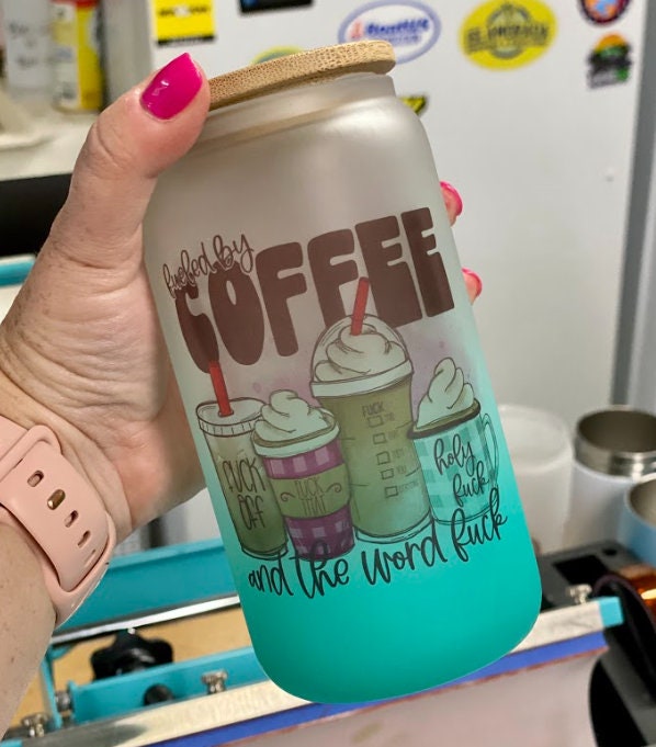 Fueled By Coffee & The Word Fuck | Frosted Glass Beer Can | 16oz Drinking Cup | Teal Ombre | Iced Coffee Cup