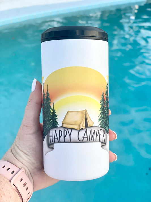 Happy Camper | 4-in-1 Can Cooler | Skinny Can | Camping Drinking Beer Coolie