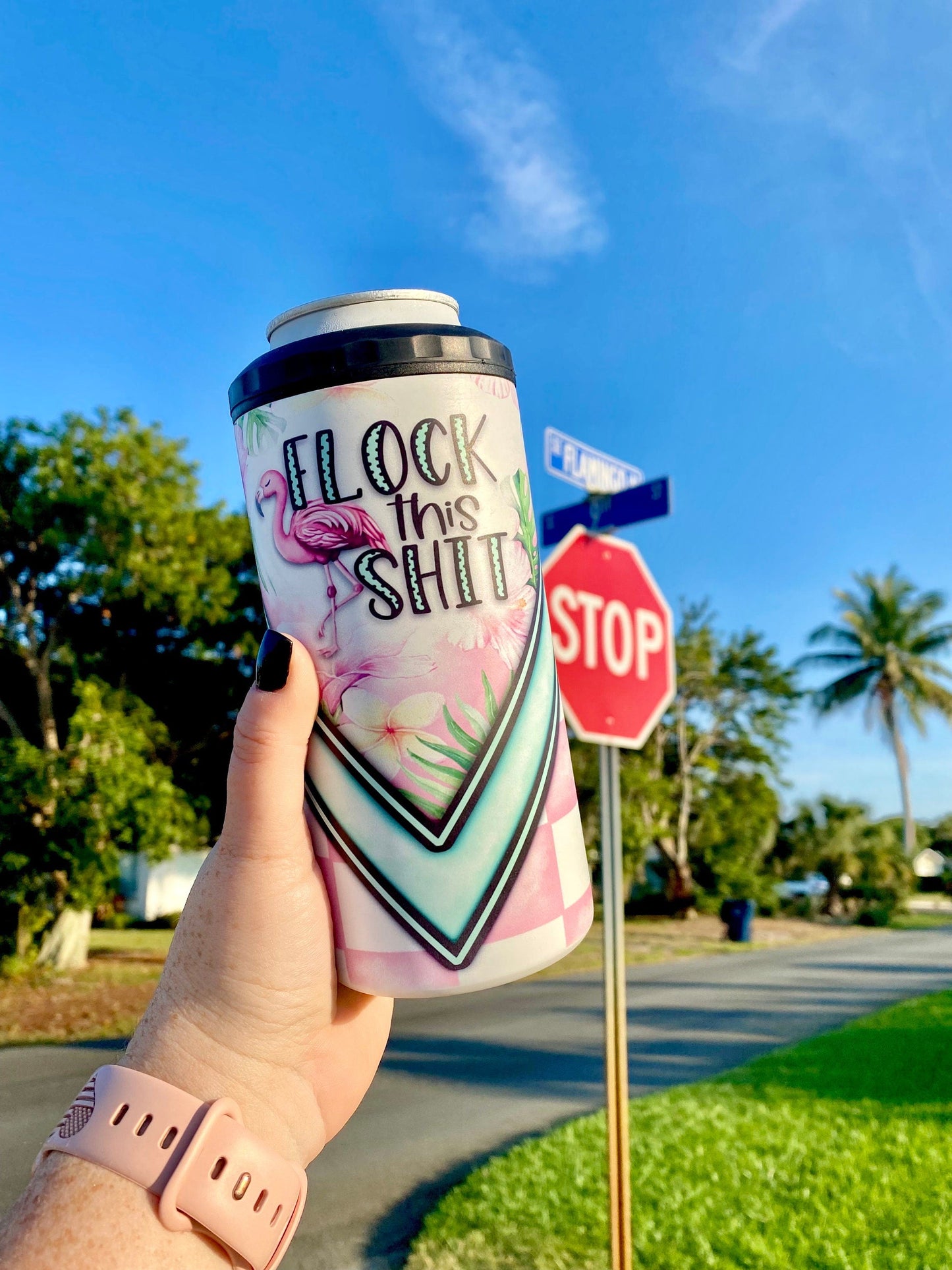 Flock This Shit | 4-in-1 Can Cooler | Skinny Can | Flamingo | Beer Coolie