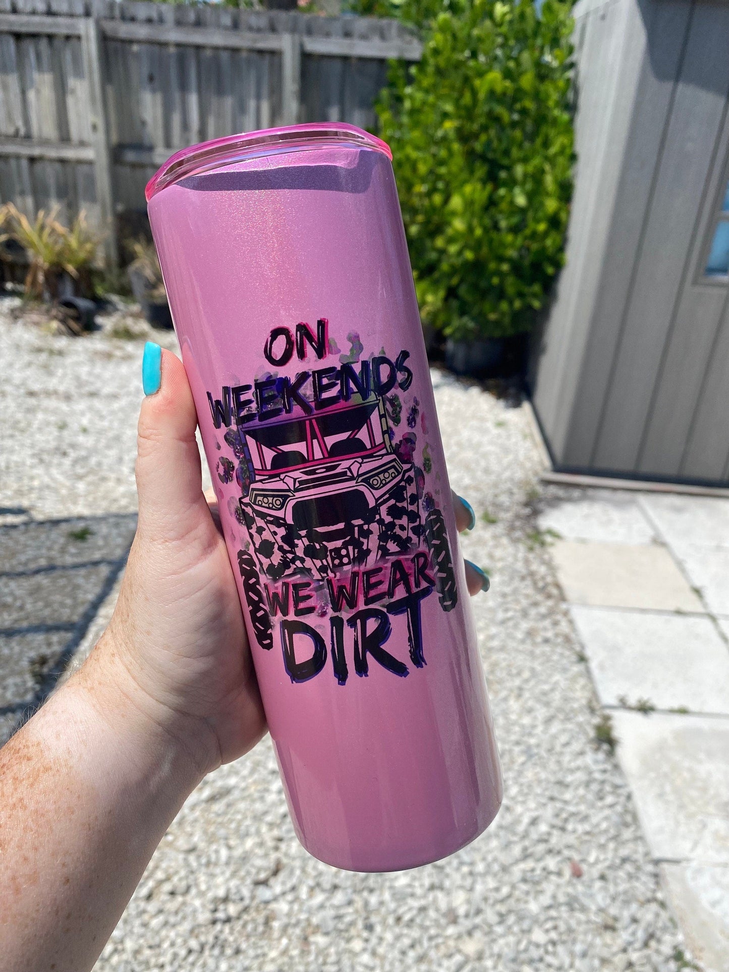 On Weekends We Wear Dirt | 20oz skinny tumbler | Hot Pink Shimmer | Drinking Cup | Off-roading | RZR