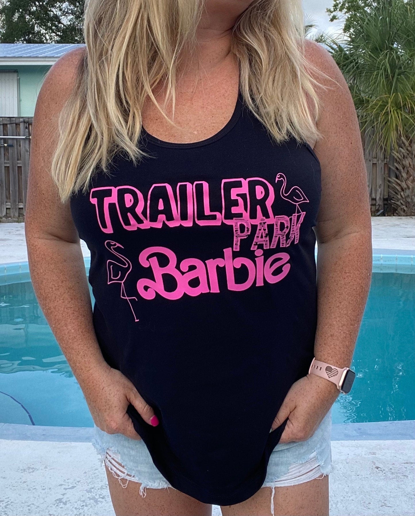 Trailer Park Bar Bie | Ladies Racerback Tank Top | Hot Pink | Ladies tank top